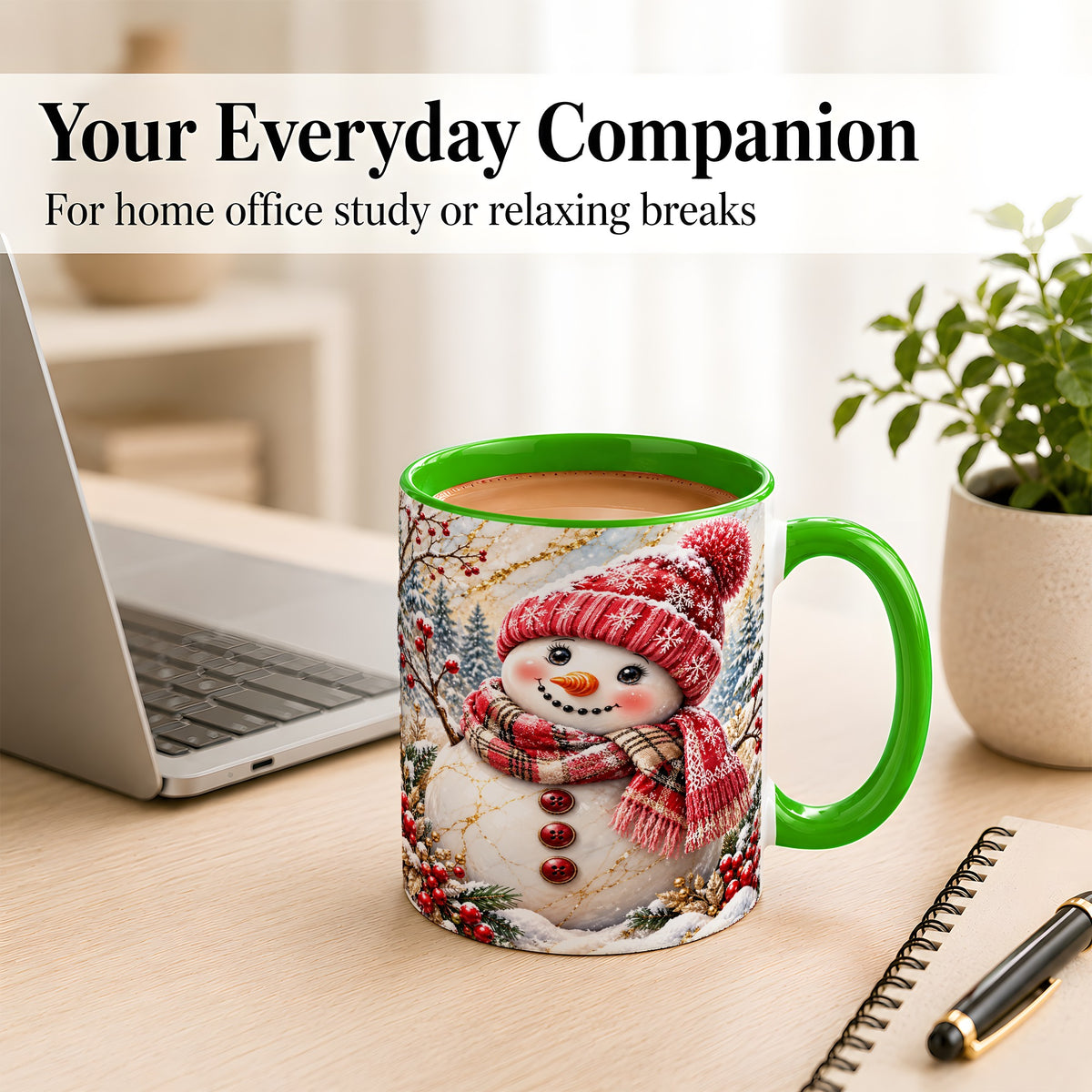 #pl[11oz|Green] Red Winter Snowman Coffee Mug, Plaid Snowman Mug, Ceramic Cup