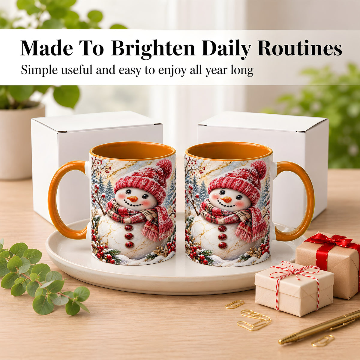 #pl[11oz|Orange] Red Winter Snowman Coffee Mug, Plaid Snowman Mug, Ceramic Cup