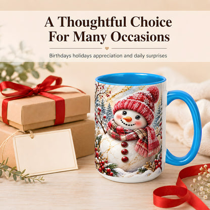 #pl[15oz|Blue] Red Winter Snowman Coffee Mug, Plaid Snowman Mug, Ceramic Cup