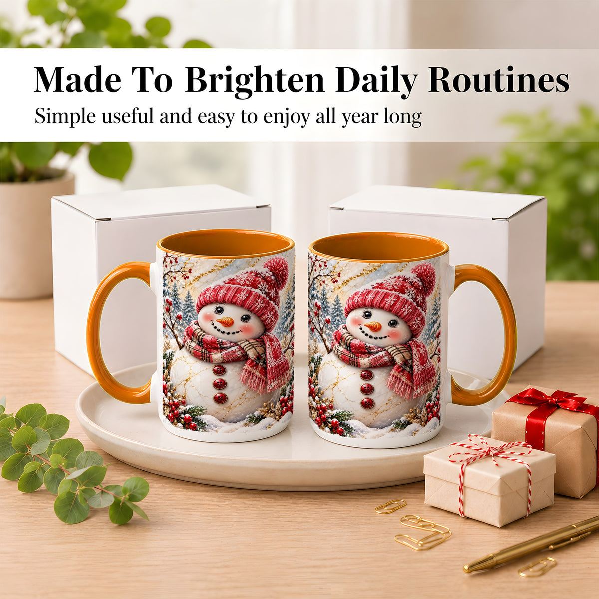 #pl[15oz|Orange] Red Winter Snowman Coffee Mug, Plaid Snowman Mug, Ceramic Cup