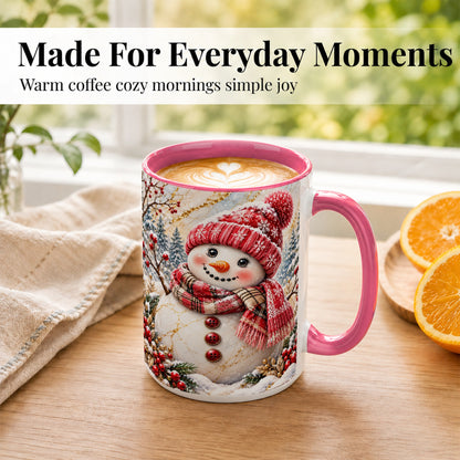 #pl[15oz|Pink] Red Winter Snowman Coffee Mug, Plaid Snowman Mug, Ceramic Cup