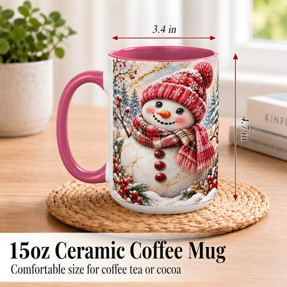 #pl[15oz|Pink] Red Winter Snowman Coffee Mug, Plaid Snowman Mug, Ceramic Cup