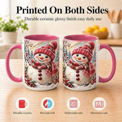 #pl[15oz|Pink] Red Winter Snowman Coffee Mug, Plaid Snowman Mug, Ceramic Cup