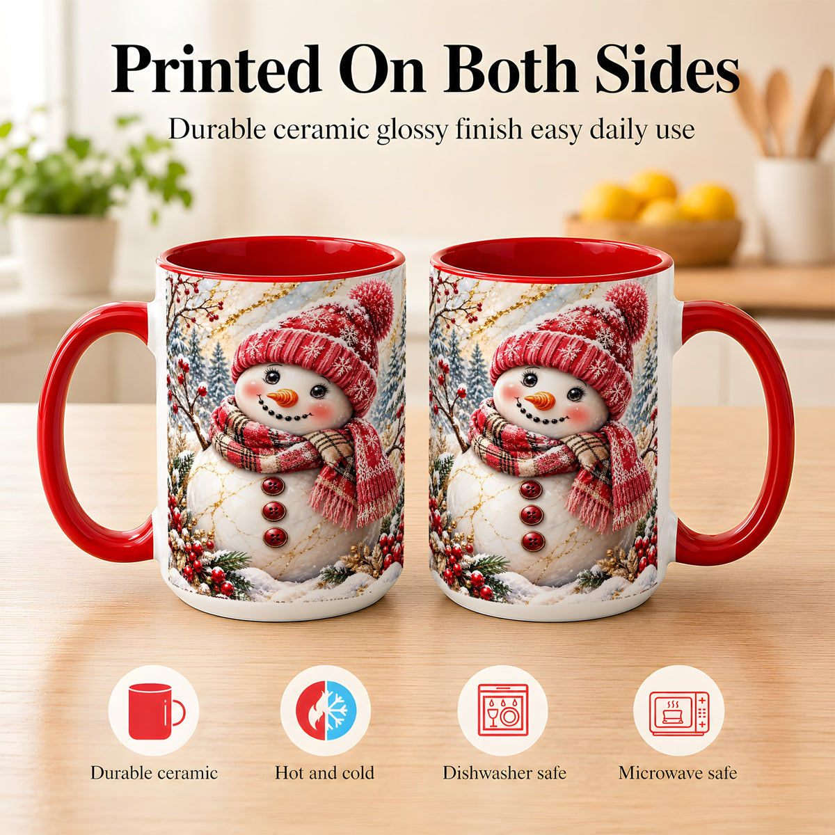 #pl[15oz|Red] Red Winter Snowman Coffee Mug, Plaid Snowman Mug, Ceramic Cup