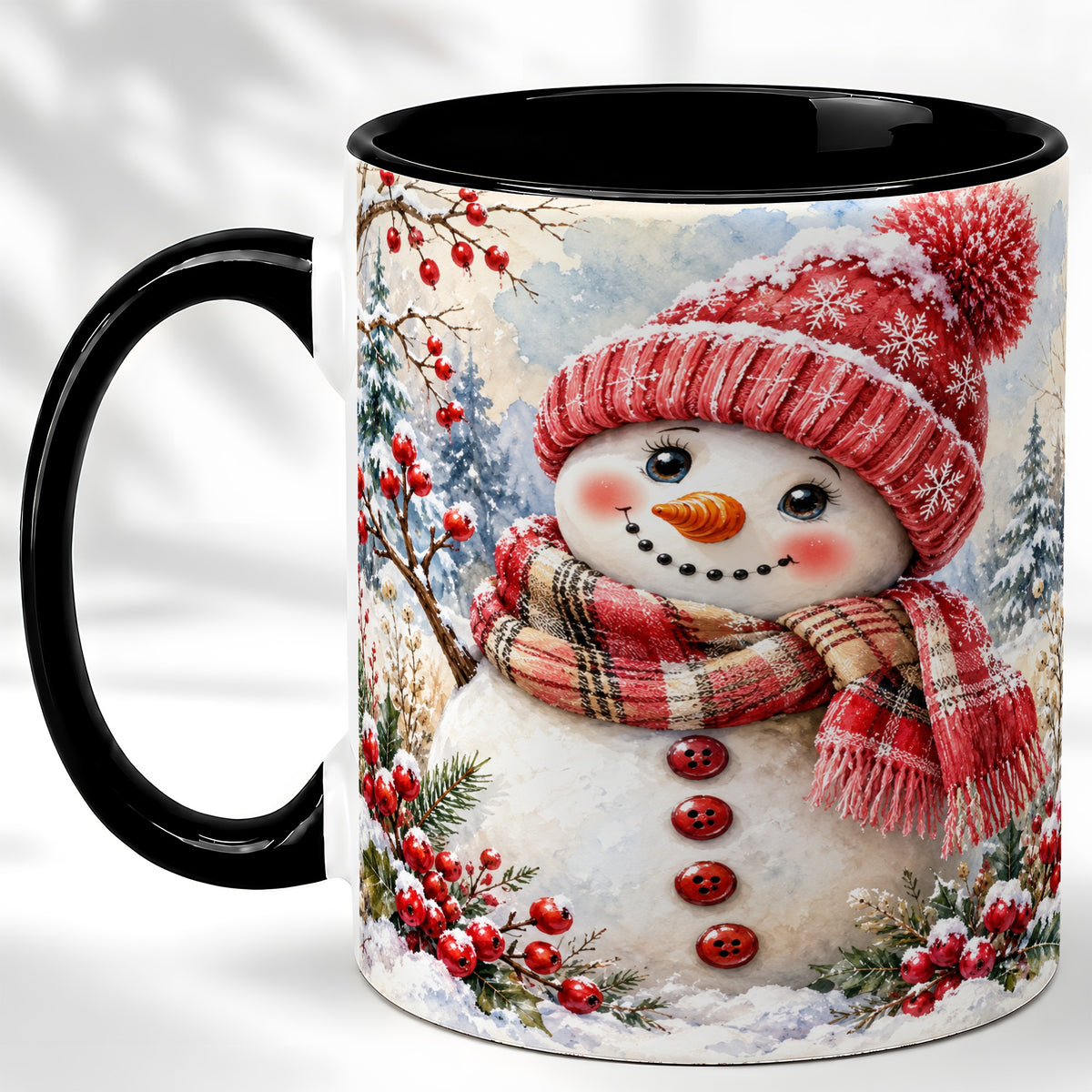 #pl[11oz|Black] Watercolor Snowman Coffee Mug, Plaid Winter Mug, Ceramic Cup