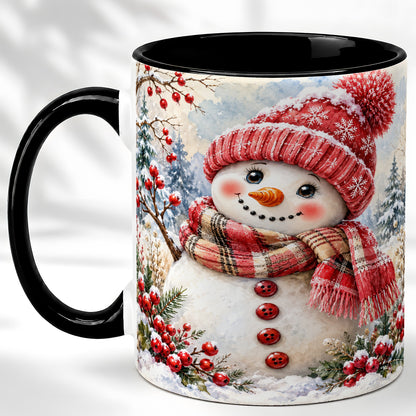 #pl[11oz|Black] Watercolor Snowman Coffee Mug, Plaid Winter Mug, Ceramic Cup