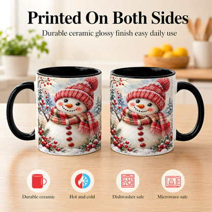 #pl[11oz|Black] Watercolor Snowman Coffee Mug, Plaid Winter Mug, Ceramic Cup