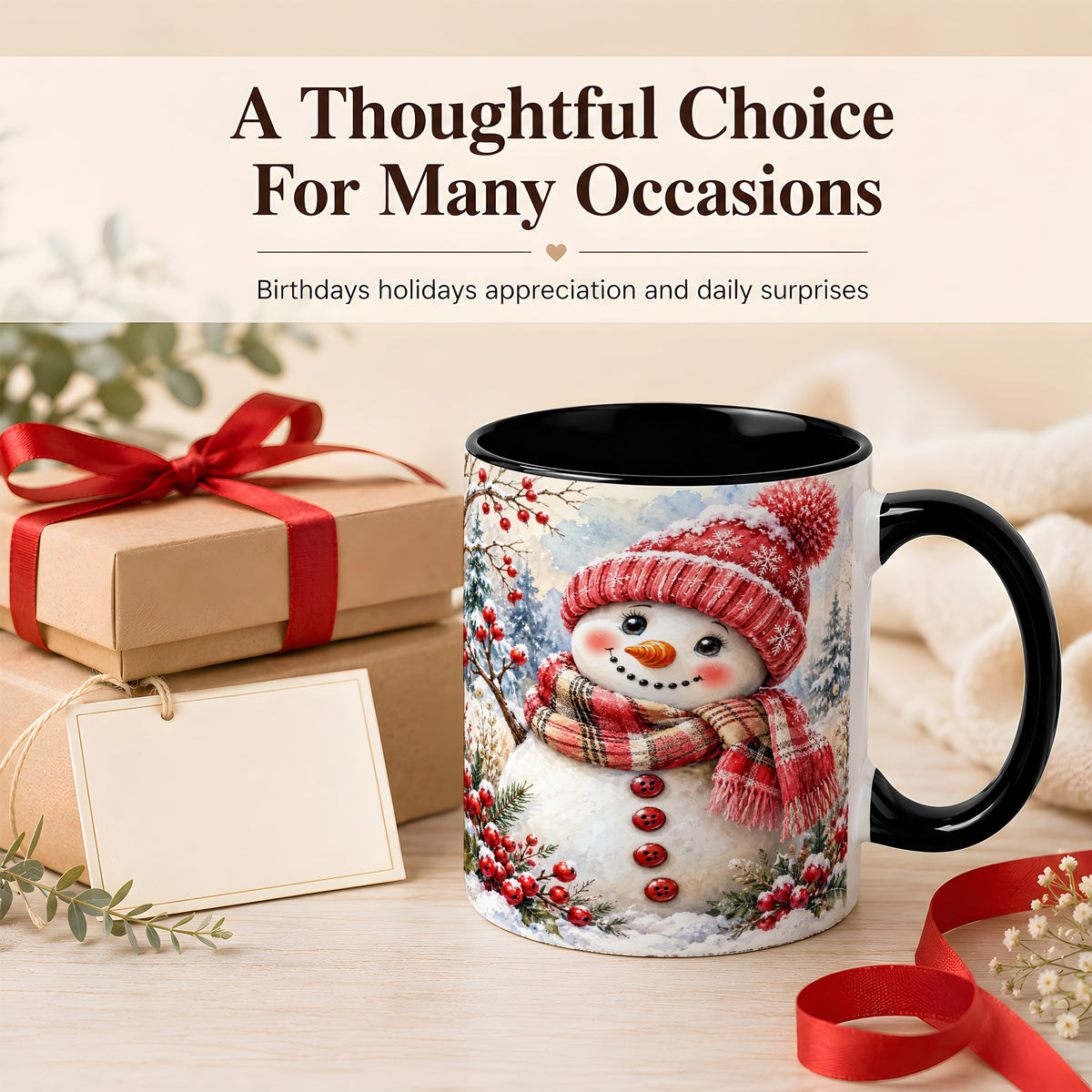 #pl[11oz|Black] Watercolor Snowman Coffee Mug, Plaid Winter Mug, Ceramic Cup