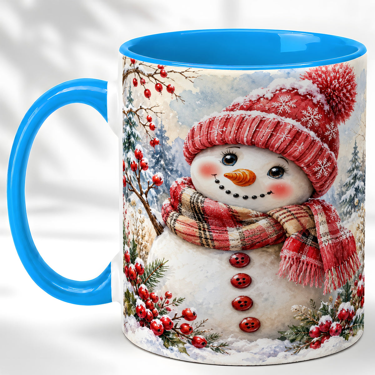 #pl[11oz|Blue] Watercolor Snowman Coffee Mug, Plaid Winter Mug, Ceramic Cup