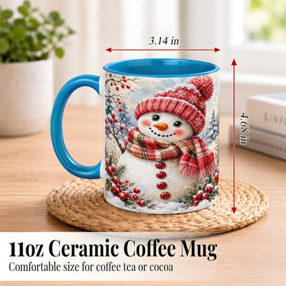 #pl[11oz|Blue] Watercolor Snowman Coffee Mug, Plaid Winter Mug, Ceramic Cup