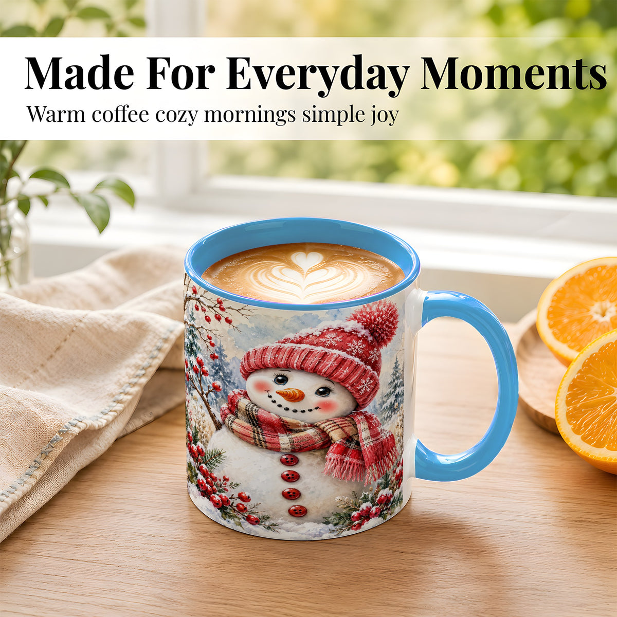 #pl[11oz|Blue] Watercolor Snowman Coffee Mug, Plaid Winter Mug, Ceramic Cup