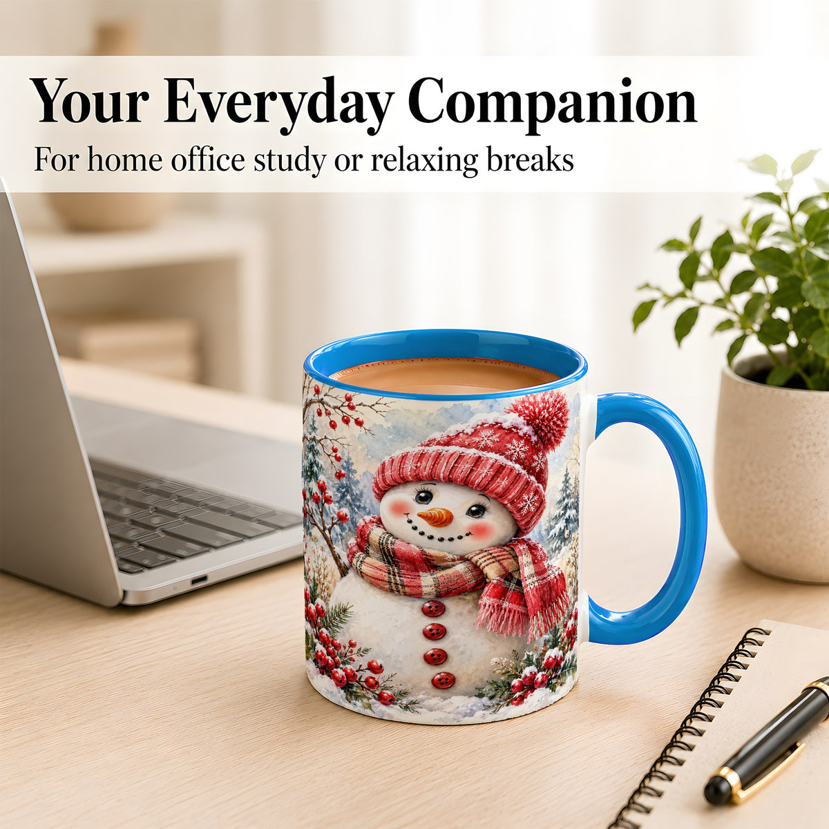 #pl[11oz|Blue] Watercolor Snowman Coffee Mug, Plaid Winter Mug, Ceramic Cup