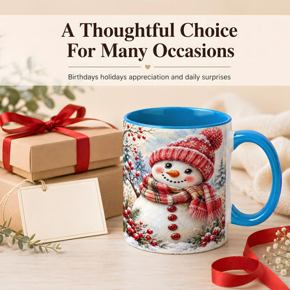 #pl[11oz|Blue] Watercolor Snowman Coffee Mug, Plaid Winter Mug, Ceramic Cup