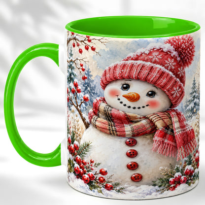 #pl[11oz|Green] Watercolor Snowman Coffee Mug, Plaid Winter Mug, Ceramic Cup