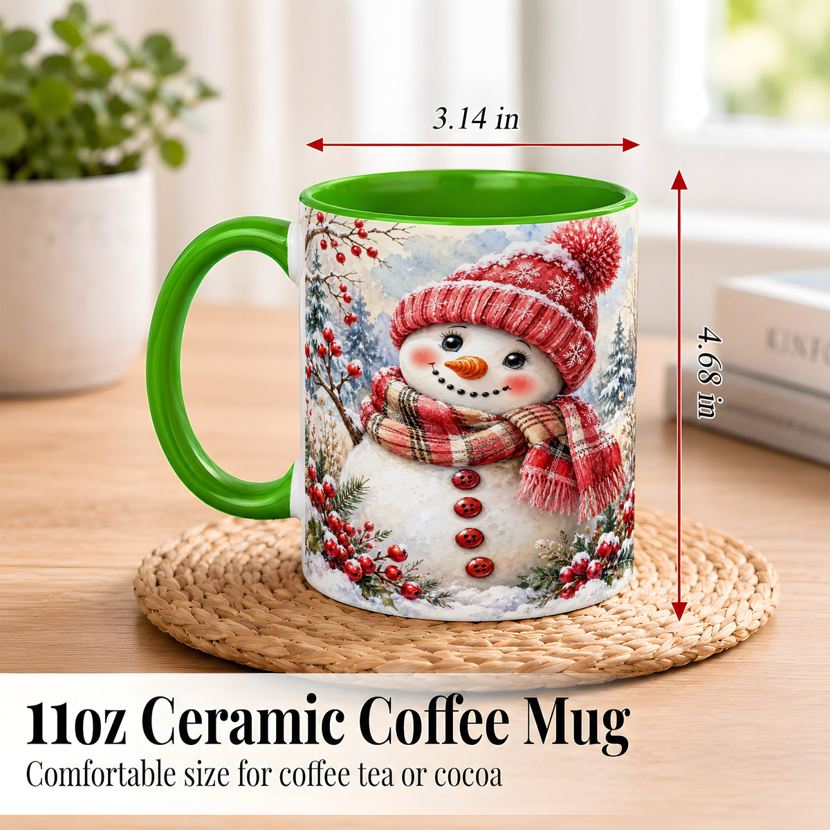 #pl[11oz|Green] Watercolor Snowman Coffee Mug, Plaid Winter Mug, Ceramic Cup