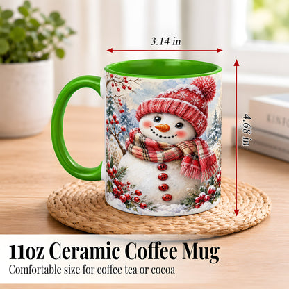 #pl[11oz|Green] Watercolor Snowman Coffee Mug, Plaid Winter Mug, Ceramic Cup