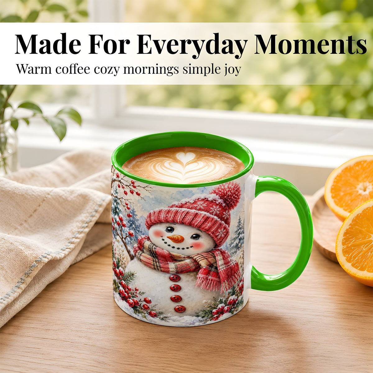#pl[11oz|Green] Watercolor Snowman Coffee Mug, Plaid Winter Mug, Ceramic Cup