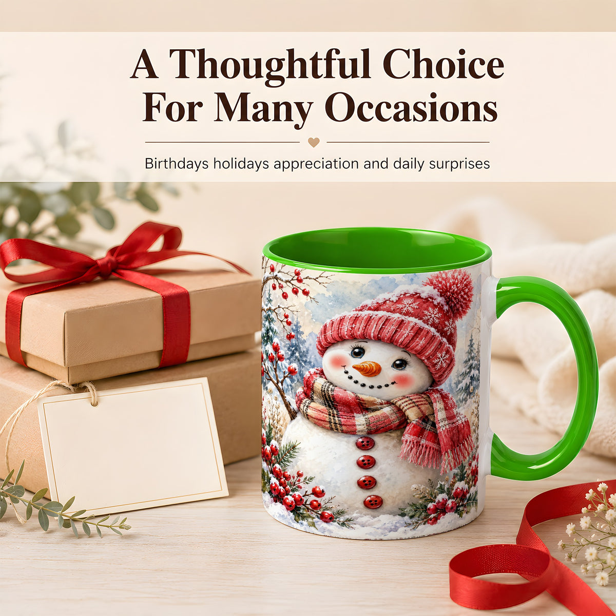 #pl[11oz|Green] Watercolor Snowman Coffee Mug, Plaid Winter Mug, Ceramic Cup
