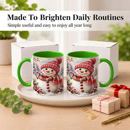 #pl[11oz|Green] Watercolor Snowman Coffee Mug, Plaid Winter Mug, Ceramic Cup