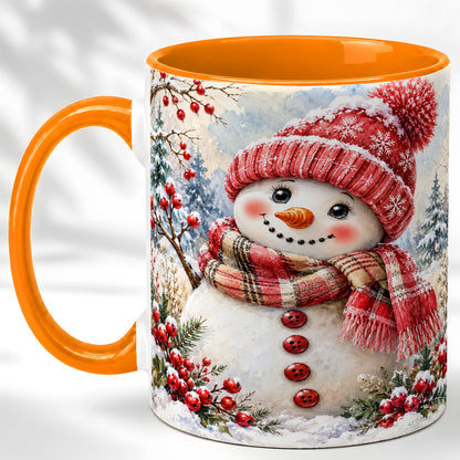 #pl[11oz|Orange] Watercolor Snowman Coffee Mug, Plaid Winter Mug, Ceramic Cup