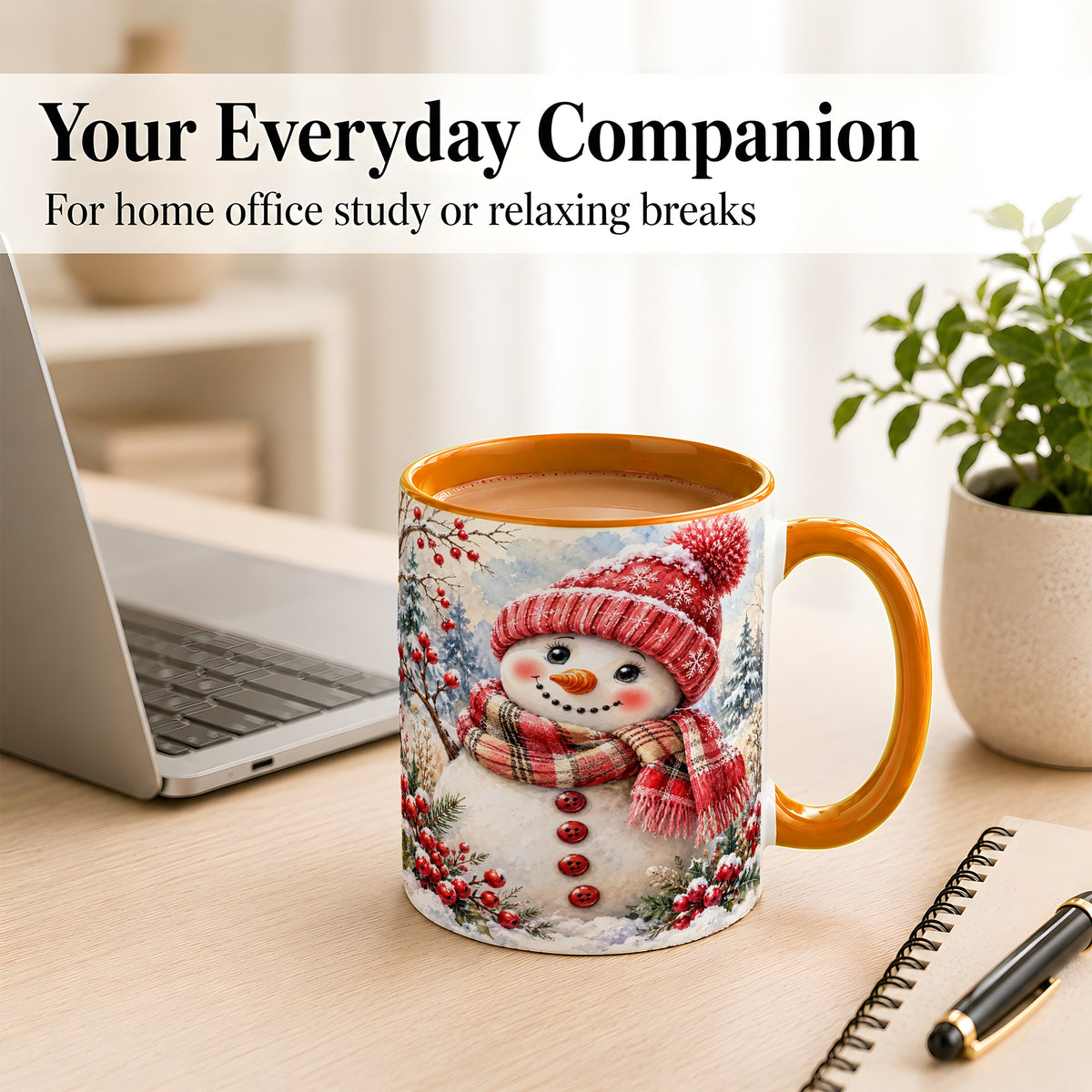 #pl[11oz|Orange] Watercolor Snowman Coffee Mug, Plaid Winter Mug, Ceramic Cup