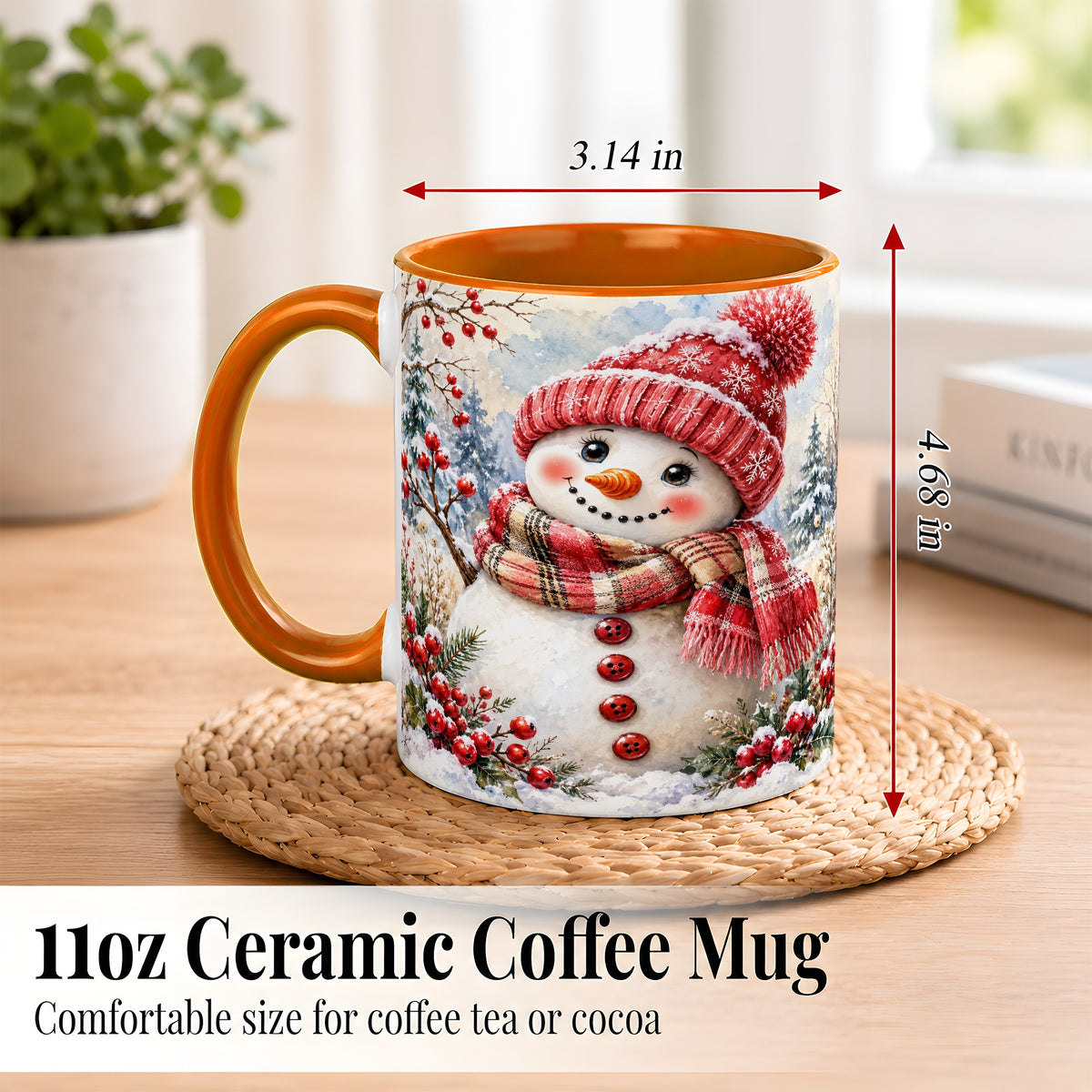 #pl[11oz|Orange] Watercolor Snowman Coffee Mug, Plaid Winter Mug, Ceramic Cup