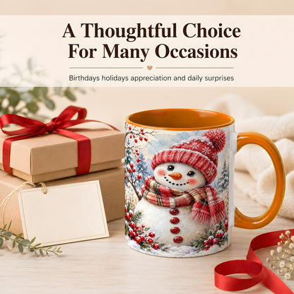 #pl[11oz|Orange] Watercolor Snowman Coffee Mug, Plaid Winter Mug, Ceramic Cup
