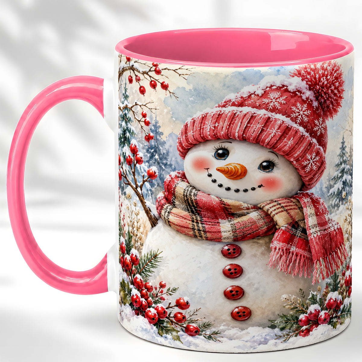 #pl[11oz|Pink] Watercolor Snowman Coffee Mug, Plaid Winter Mug, Ceramic Cup
