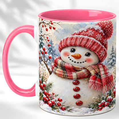 #pl[11oz|Pink] Watercolor Snowman Coffee Mug, Plaid Winter Mug, Ceramic Cup