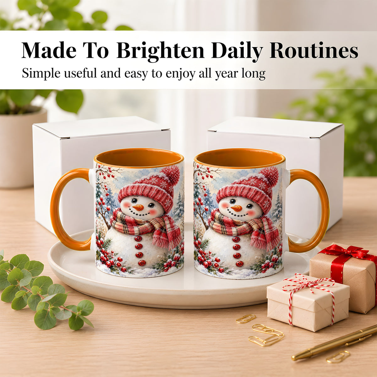 #pl[11oz|Orange] Watercolor Snowman Coffee Mug, Plaid Winter Mug, Ceramic Cup