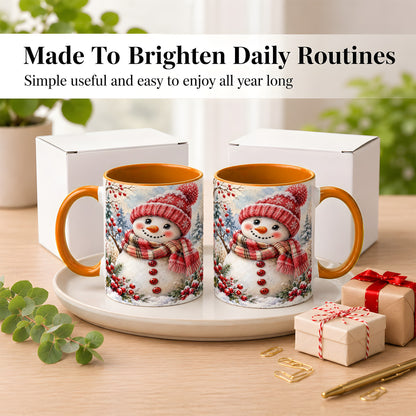 #pl[11oz|Orange] Watercolor Snowman Coffee Mug, Plaid Winter Mug, Ceramic Cup