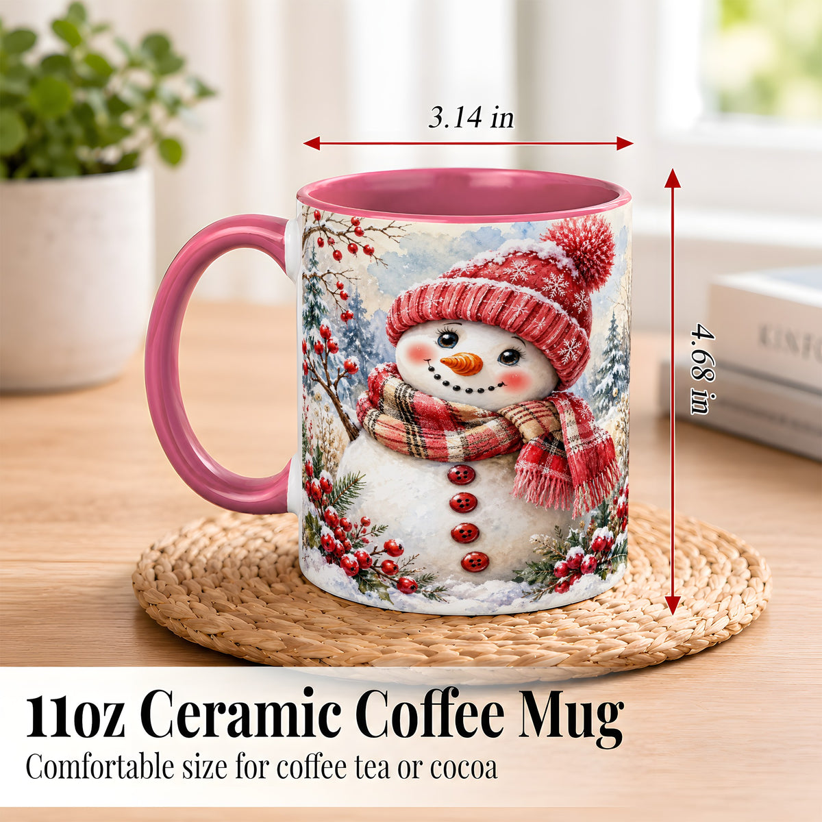 #pl[11oz|Pink] Watercolor Snowman Coffee Mug, Plaid Winter Mug, Ceramic Cup