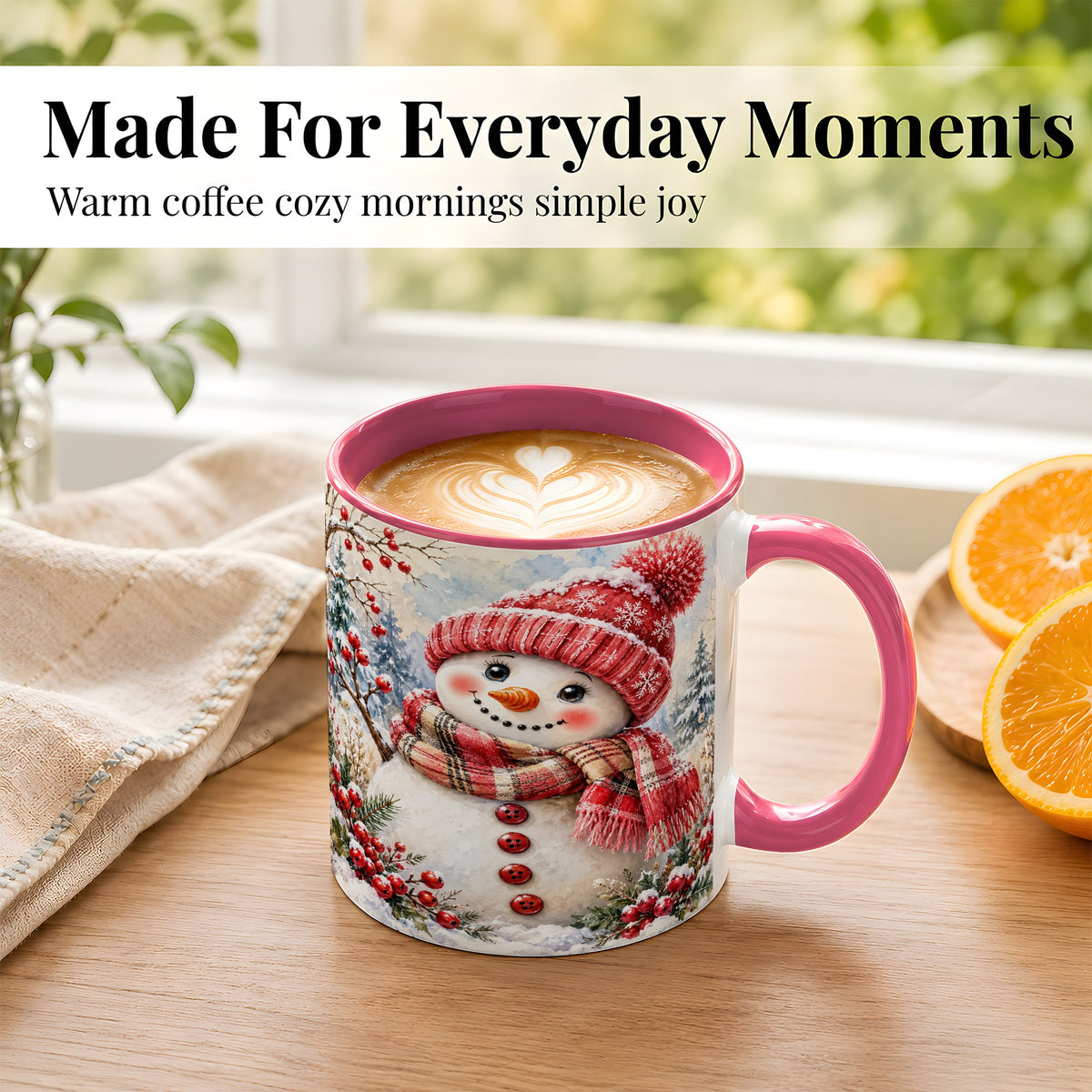 #pl[11oz|Pink] Watercolor Snowman Coffee Mug, Plaid Winter Mug, Ceramic Cup