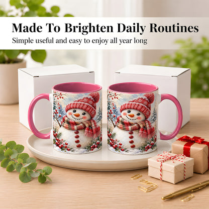 #pl[11oz|Pink] Watercolor Snowman Coffee Mug, Plaid Winter Mug, Ceramic Cup