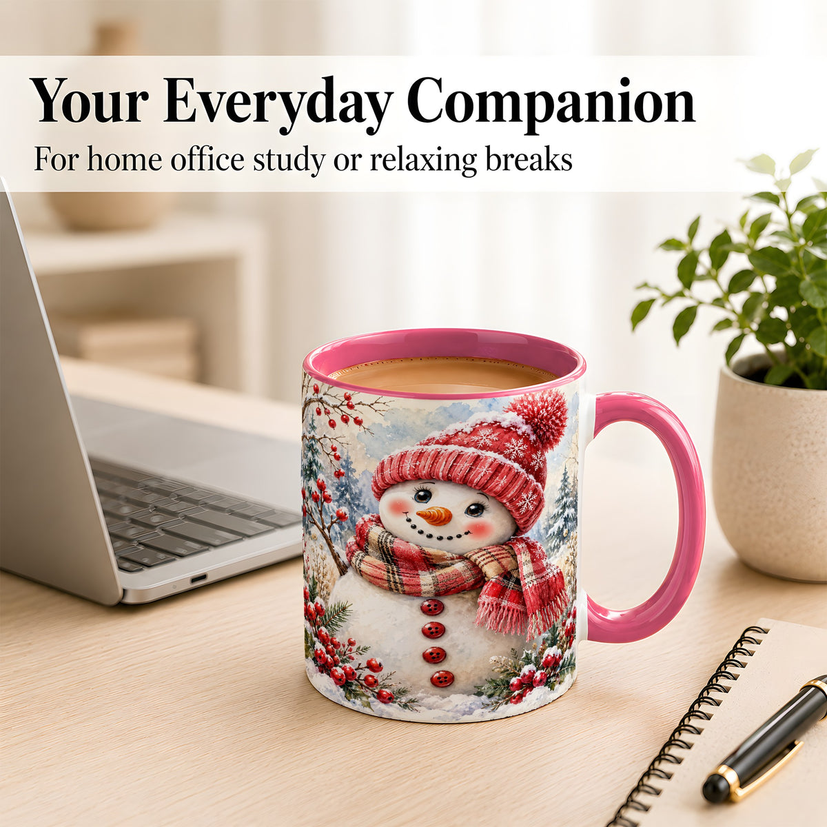 #pl[11oz|Pink] Watercolor Snowman Coffee Mug, Plaid Winter Mug, Ceramic Cup