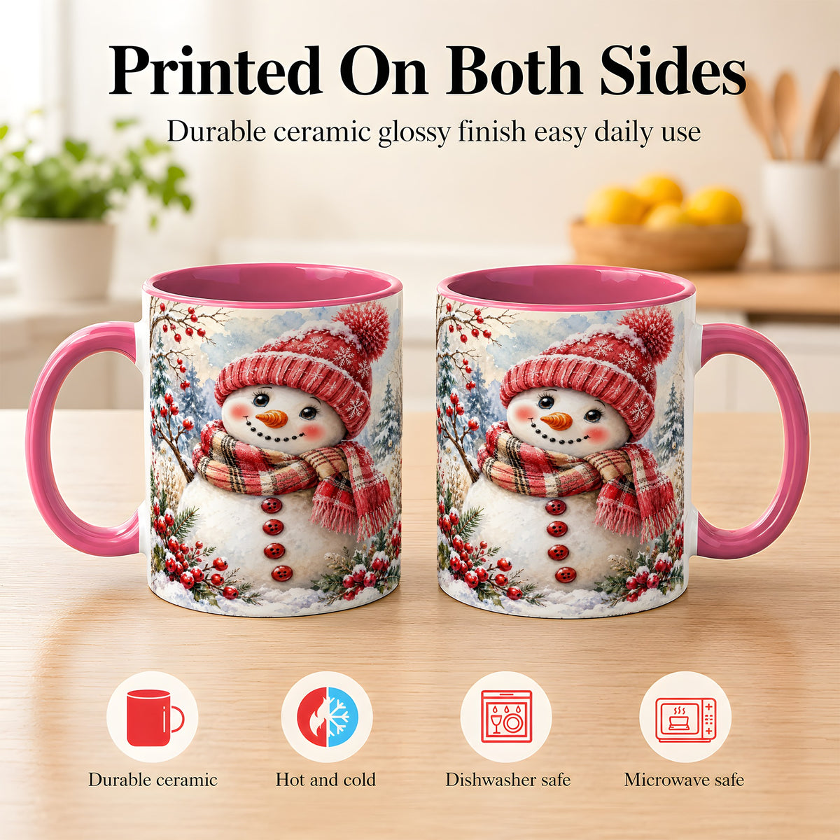 #pl[11oz|Pink] Watercolor Snowman Coffee Mug, Plaid Winter Mug, Ceramic Cup