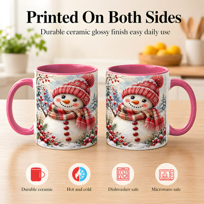 #pl[11oz|Pink] Watercolor Snowman Coffee Mug, Plaid Winter Mug, Ceramic Cup