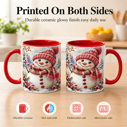 #pl[11oz|Red] Watercolor Snowman Coffee Mug, Plaid Winter Mug, Ceramic Cup