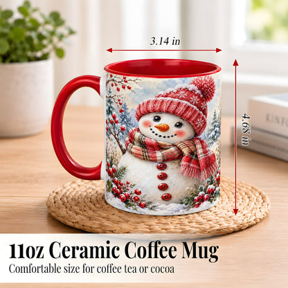 #pl[11oz|Red] Watercolor Snowman Coffee Mug, Plaid Winter Mug, Ceramic Cup