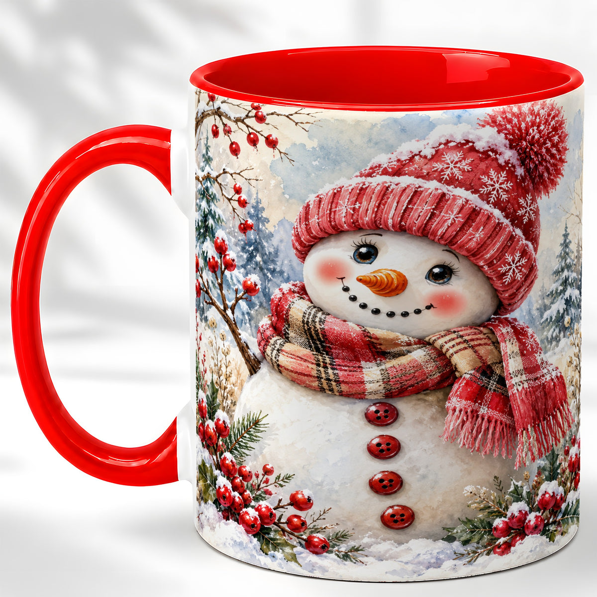 Watercolor Snowman Coffee Mug, Plaid Winter Mug, Ceramic Cup