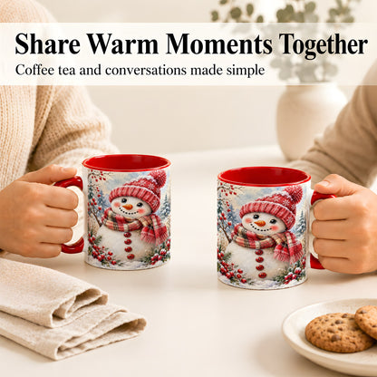 #pl[11oz|Red] Watercolor Snowman Coffee Mug, Plaid Winter Mug, Ceramic Cup