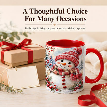 #pl[11oz|Red] Watercolor Snowman Coffee Mug, Plaid Winter Mug, Ceramic Cup