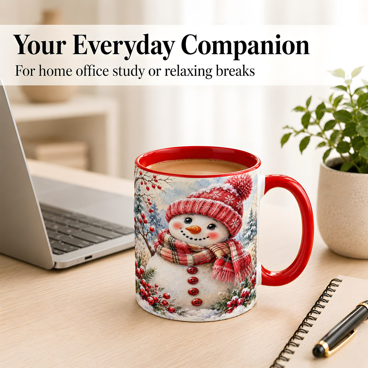 #pl[11oz|Red] Watercolor Snowman Coffee Mug, Plaid Winter Mug, Ceramic Cup