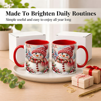 #pl[11oz|Red] Watercolor Snowman Coffee Mug, Plaid Winter Mug, Ceramic Cup