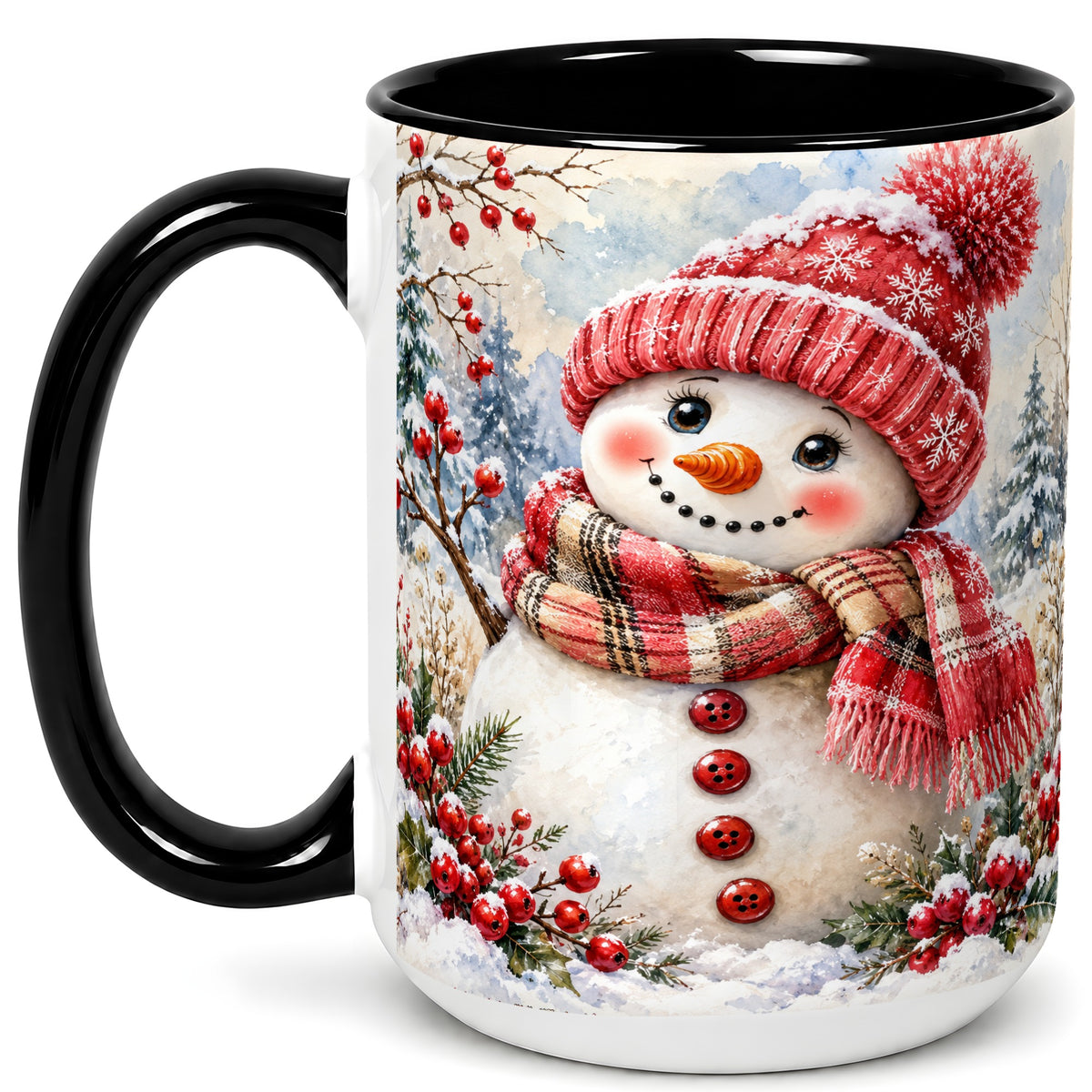 #pl[15oz|Black] Watercolor Snowman Coffee Mug, Plaid Winter Mug, Ceramic Cup