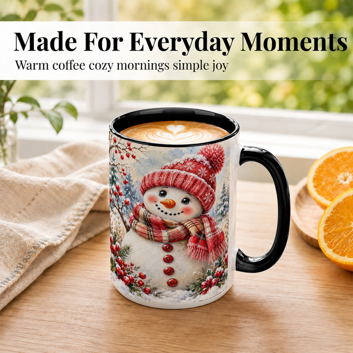 #pl[15oz|Black] Watercolor Snowman Coffee Mug, Plaid Winter Mug, Ceramic Cup