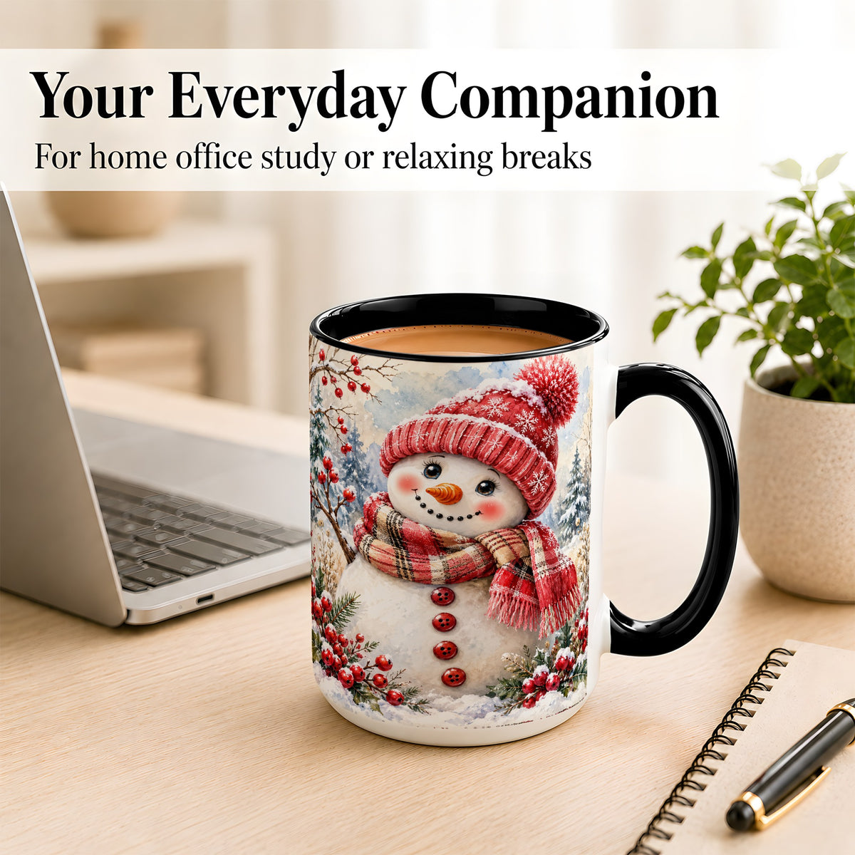 #pl[15oz|Black] Watercolor Snowman Coffee Mug, Plaid Winter Mug, Ceramic Cup