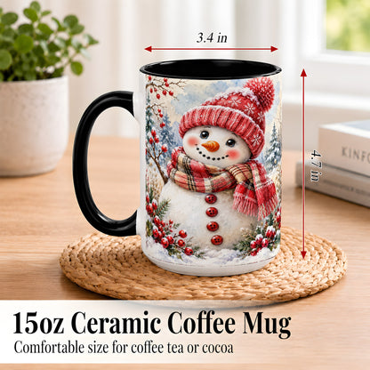 #pl[15oz|Black] Watercolor Snowman Coffee Mug, Plaid Winter Mug, Ceramic Cup