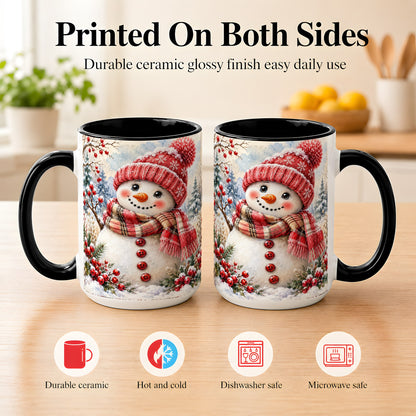 #pl[15oz|Black] Watercolor Snowman Coffee Mug, Plaid Winter Mug, Ceramic Cup