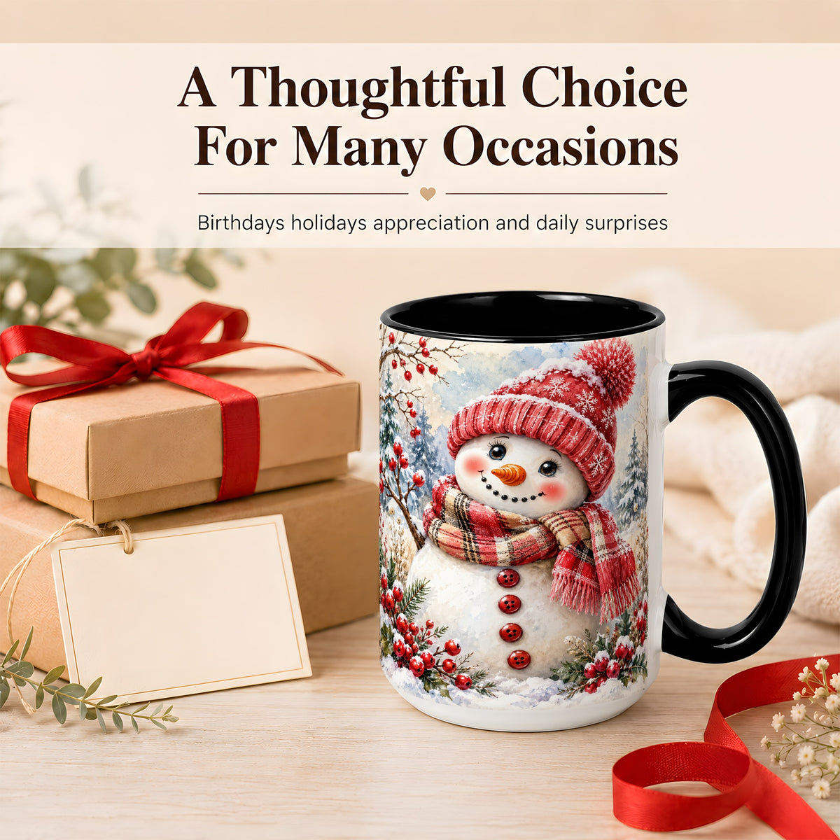 #pl[15oz|Black] Watercolor Snowman Coffee Mug, Plaid Winter Mug, Ceramic Cup